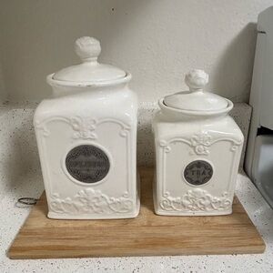 White Ceramic Canister Set with Silver Labels